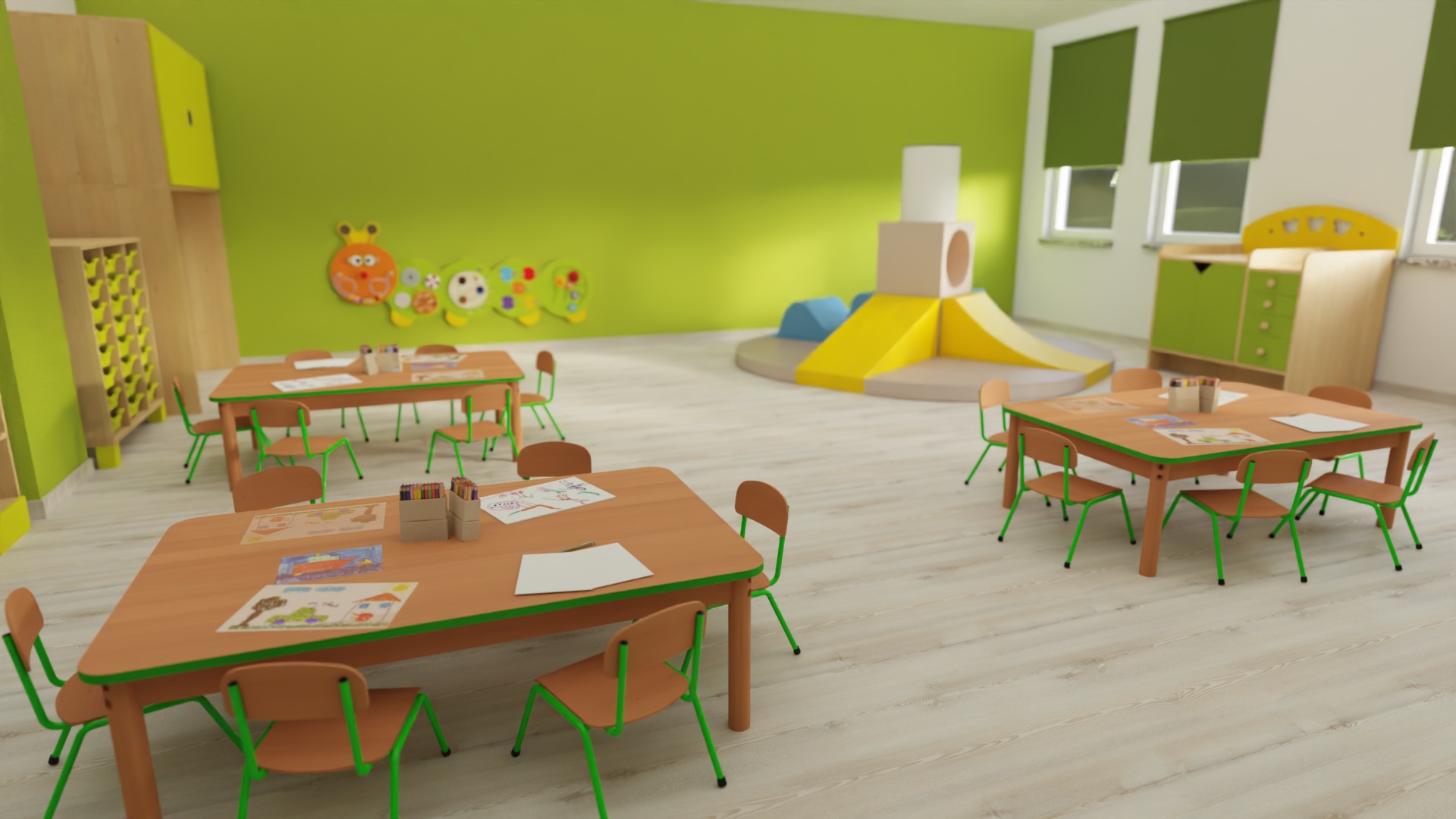 Sala z kącikiem piankowym i stolikami